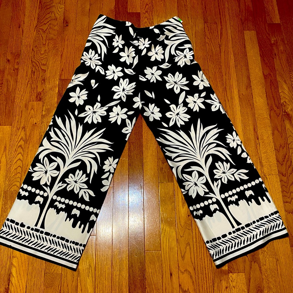 Satin Texture Floral Black and Cream Women's Pants